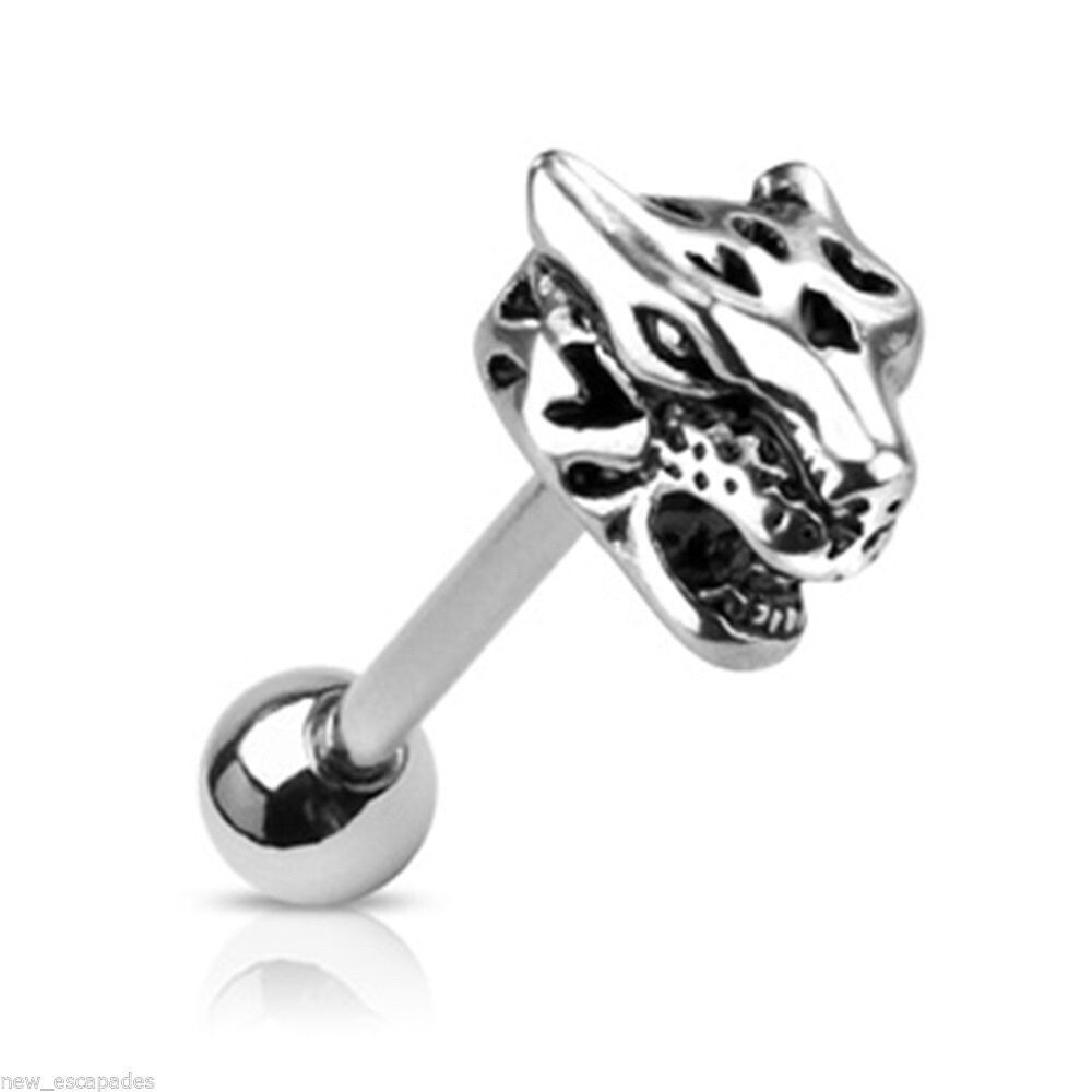 Casted Jaguar Head Tongue Ring | 14G 5/8” Bar | Stainless Steel